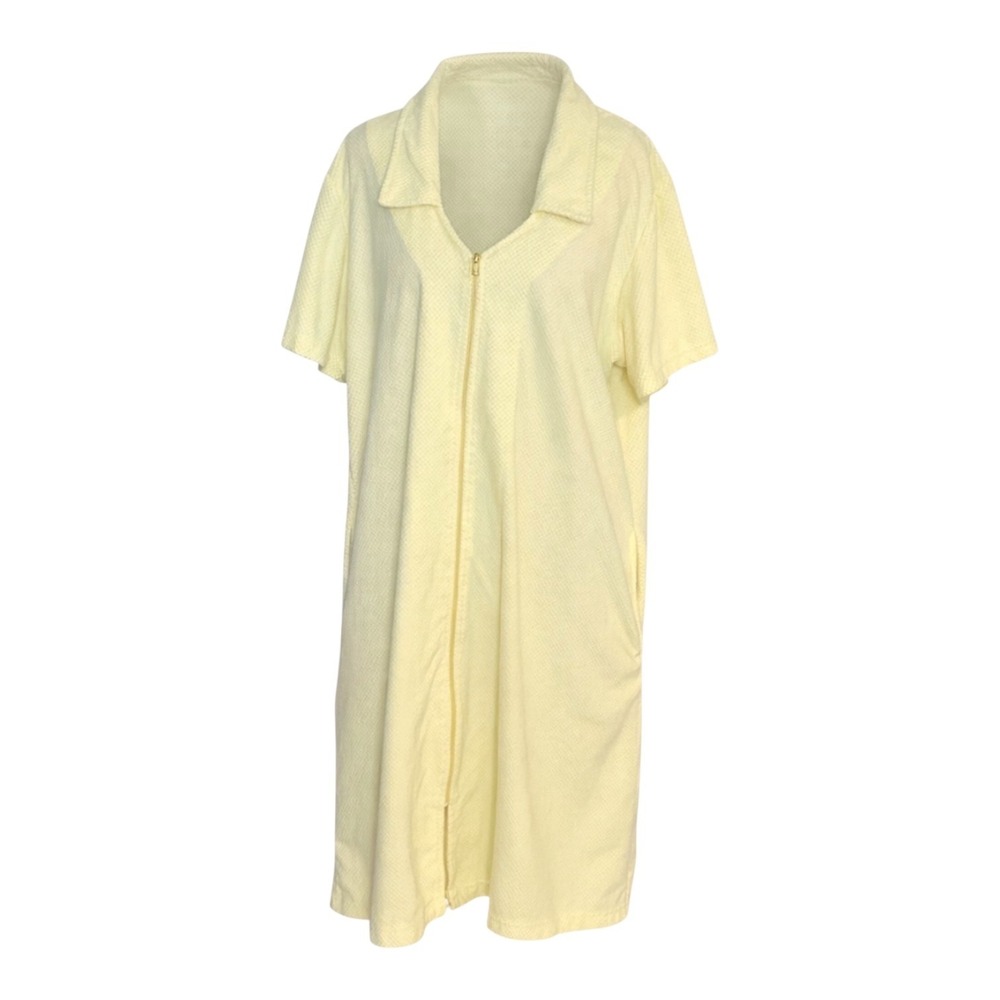 Yellow Zip Front House Dress XL Cotton Midi Lounge Wear Short Sleeve Pockets